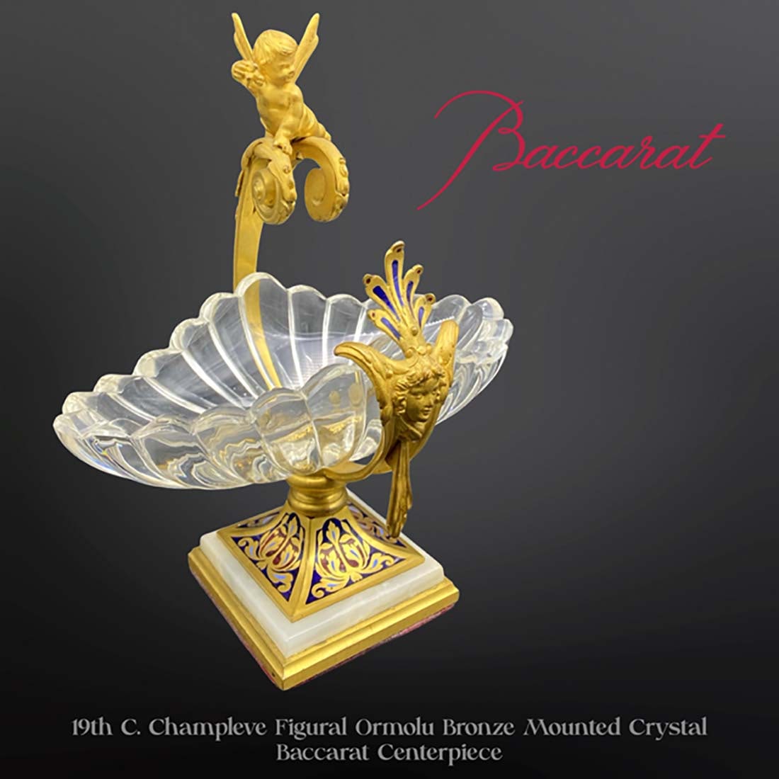 19th C. French Baccarat Crystal Champleve Figural Bronze Centerpiece: 19th C. French Baccarat Crystal Champleve Figural Ormolu Centerpiece. Measurements: H 10.65" x L 8.75" x W 6"