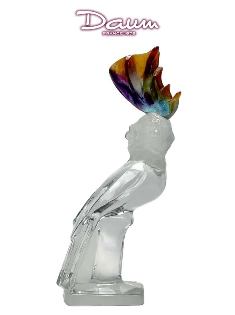 A French DAUM Pate De Verre Frosted & Clear Art Glass Crystal Cockatoo Bird Figurine: A French DAUM Pate De Verre Frosted & Clear Art Glass Crystal Cockatoo Bird Figurine, Signed. H 13.5" x 5.5" x 3.5"