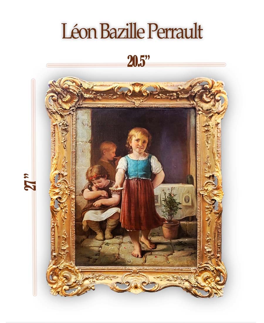 Children Still Life, 19th C. Oil On Canvas Framed Painting, Leon Bazille Perrault (1832 - 1908): Children Still Life, 19th C. French Oil On Canvas Framed Painting, Leon Bazille Perrault (1832 - 1908). Total size: 27" x 20.5". About Artist: Leon-Jean-Bazille Perrault (Poitiers 16 June 1832 ? 1908 