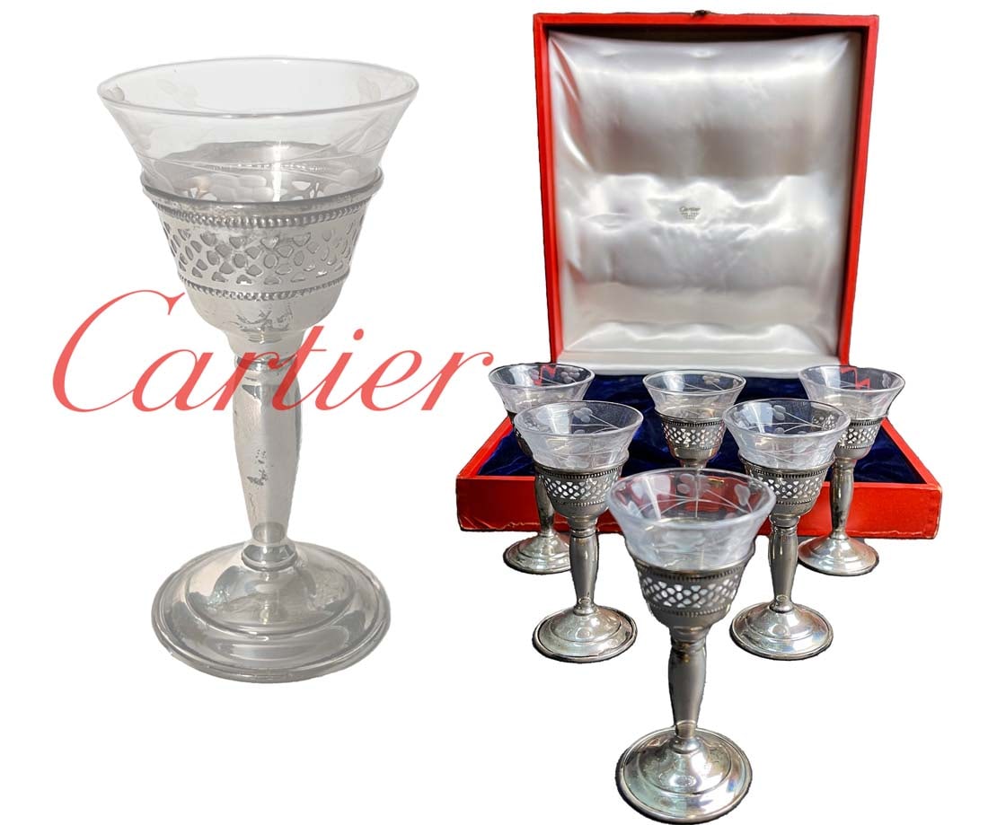 A Cartier Full Set Of Crystal & Sterling Silver Cordial Glasses, Hallmarked, Boxed: A Cartier Full Set Of Crystal & Sterling Silver Cordial Glasses with Original Box, Signed. Each glass" 4" H x 2" x2", Box size: 12" x 11" x 4" H