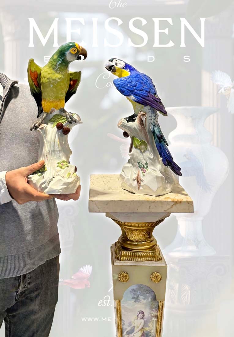 A Pair Of Large 19th C. German Meissen Parrots, Signed: A Pair Of Large 19th Century German Meissen Hand Painted Porcelain Parrots Sculptures. Hallmarked. Note: The pedestal is NOT included! H 17"