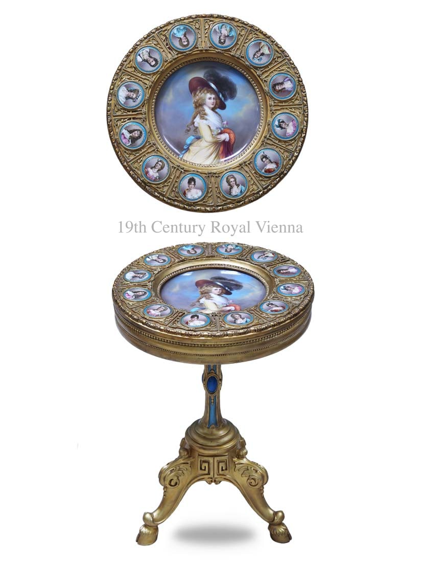 A Magnificent 19th C. Royal Vienna Hand Painted Porcelain Plaques Mounted Round Table: A Magnificent 19th Century Austrian Royal Vienna Hand Painted Porcelain Plaques Mounted Circular Table. H 31.5" x W 21.5"