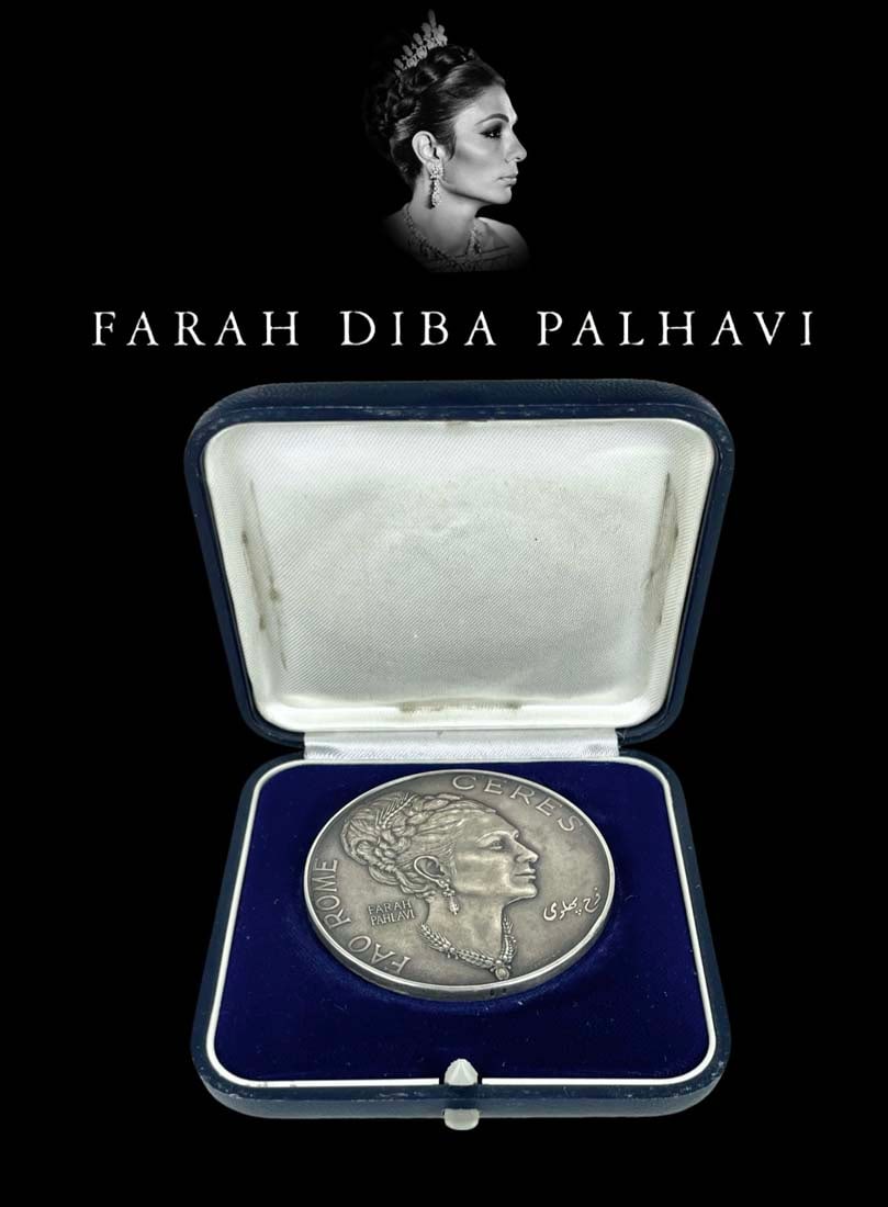 A Persian Royal Queen Farah Pahlavi Silver Medal By Italian Artist Giano Menico: A Persian (Iran) Royal Queen Farah Pahlavi Silver Medal By Italian Artist Giano Menico. Queen Farah Pahlavi right. Legend: FAO CERES, ROME. Agricultural Development.