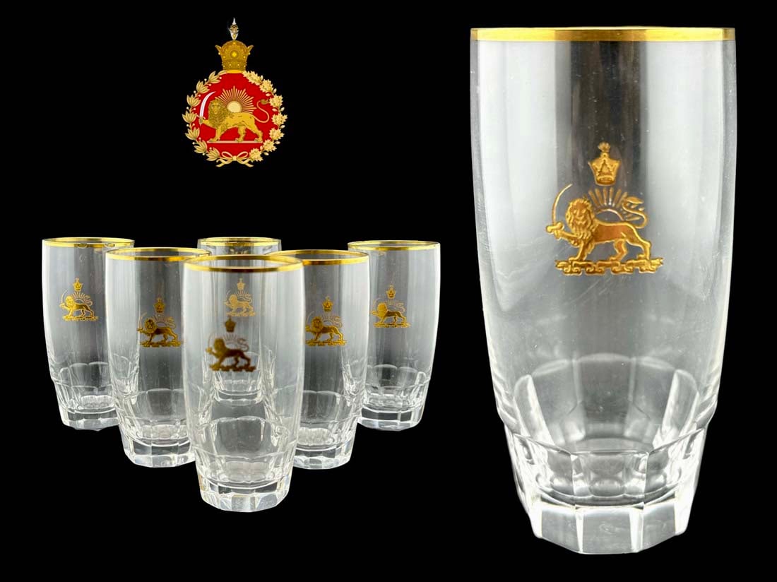 Iran Persian Pahlavi Set of 6 French Attributed Baccarat Lion & Sun Marked Glasses (1 of 4)