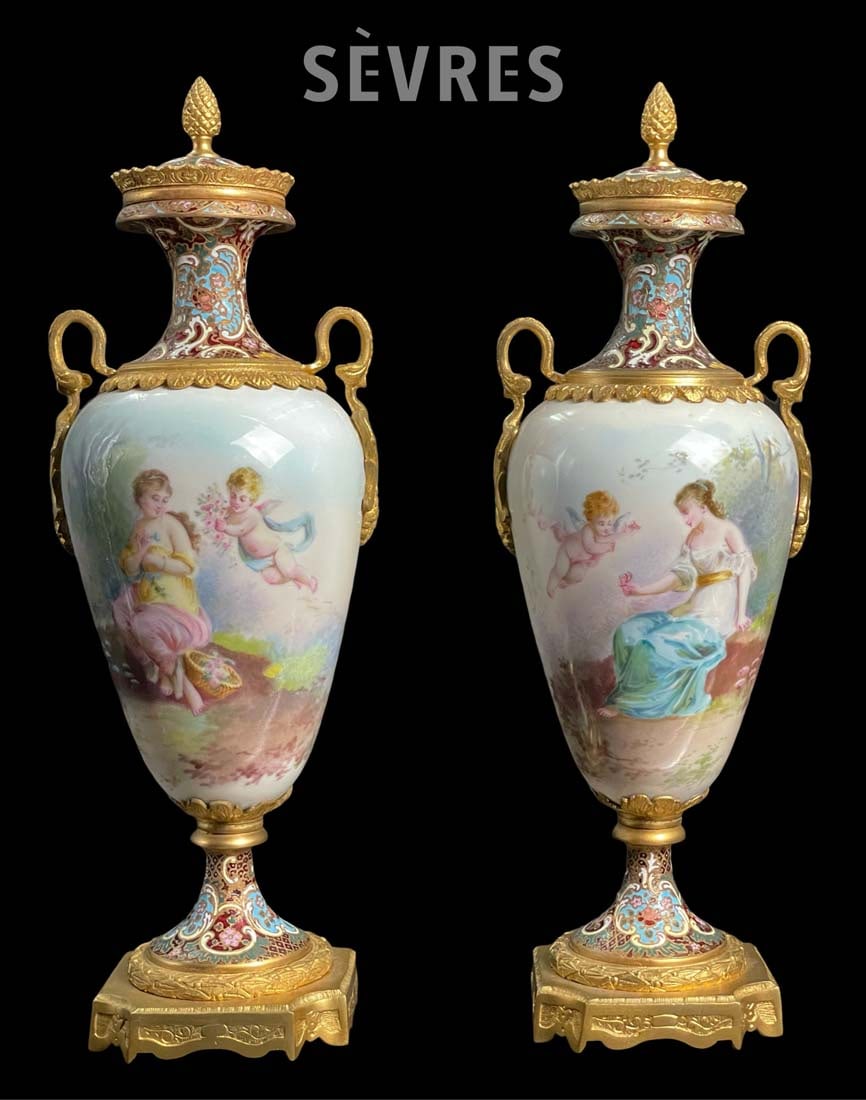 A Pair Of 19th C. French Sevres Hand Painted & Signed Porcelain Bronze Lidded Vases (1 of 8)