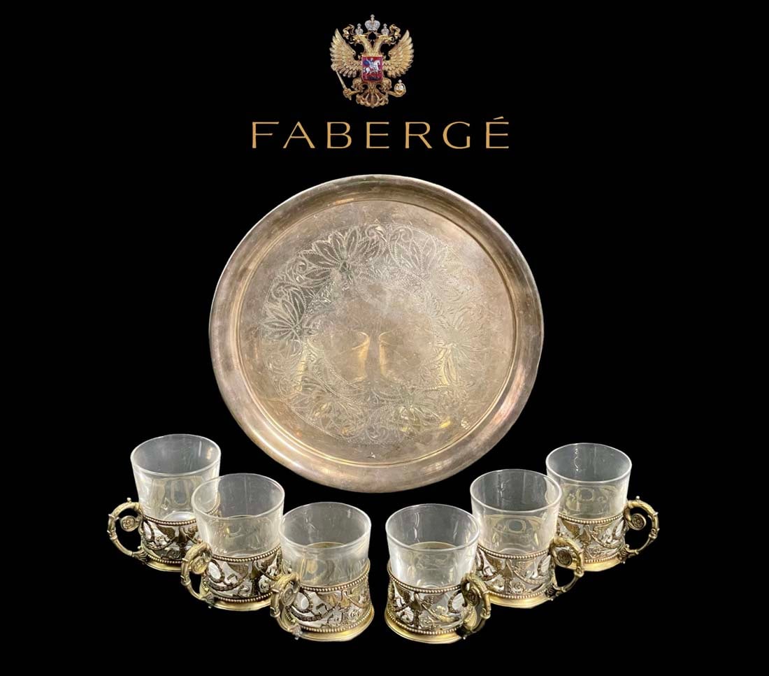 A Rare19th Century Russian FABERGE Engraved Silver Tea Set, Hallmarked: A Rare19th Century Russian FABERGE Engraved Silver Tea Set (six Glasses & Tray), Hallmarked. Tray size: D 10". Total silver weight without glasses: 920 Grams.