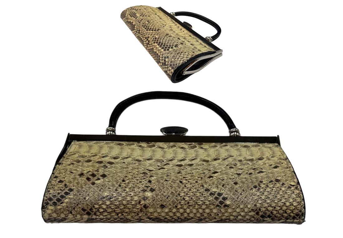 An Italian Snakeskin-Effect Pattern Women Handbag: Italian handbag features a snakeskin-effect pattern and a top-frame clasp closure. 8" x 4.5"