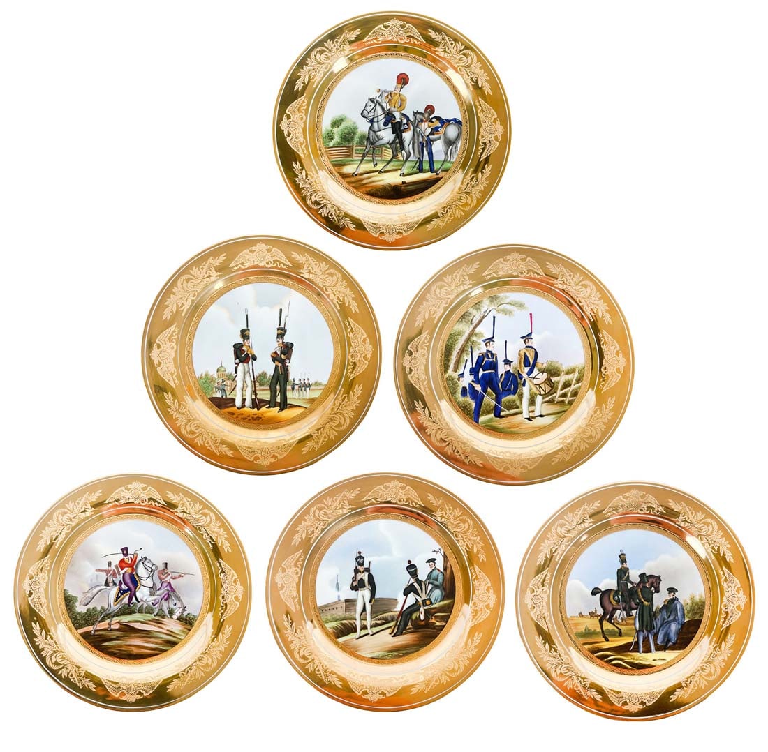 A Set Of Six Russian Hand-painted Porcelain Military plates (1 of 8)