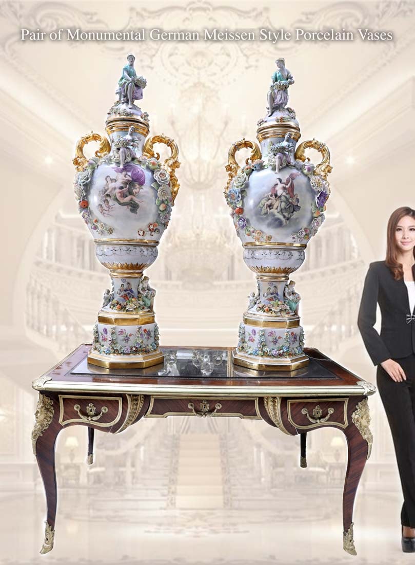 A Pair Of Monumental Meissen Style Hand Painted Porcelain Figural Vases: A Pair Of Monumental German Meissen Style Hand Painted Porcelain Figural Vases. H 58" x 20" x 17". NOTE: The pedestal/table in the cover image is NOT included!