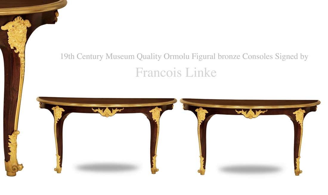 A Pair Of Museum Quality 19th C. Figural Ormolu Wall Consoles, Signed F. Linke (1855-1946): A Pair Of Museum Quality 19th Century French Figural Bronze Wall Consoles, Signed By Francois Linke. About Artist: Linke was born on 17 June 1855 in the small Bohemian village of Deutsch Pankraz, now 