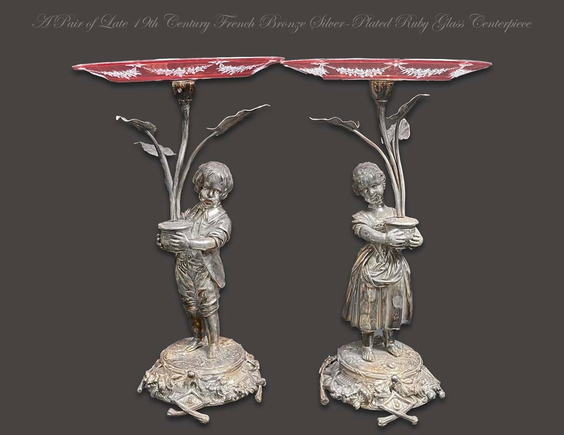 A Pair of Late 19th C. French Bronze Silver-Plated Ruby Glass Centerpiece (1 of 11)
