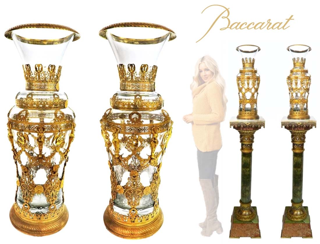 A Pair Of Large 19th C. Baccarat Crystal Figural Ormolu Vases: A Pair of Large 19th C. French Baccarat Crystal Figural Bronze Vases. Note: The pedestals are NOT included! H 21.1/2"