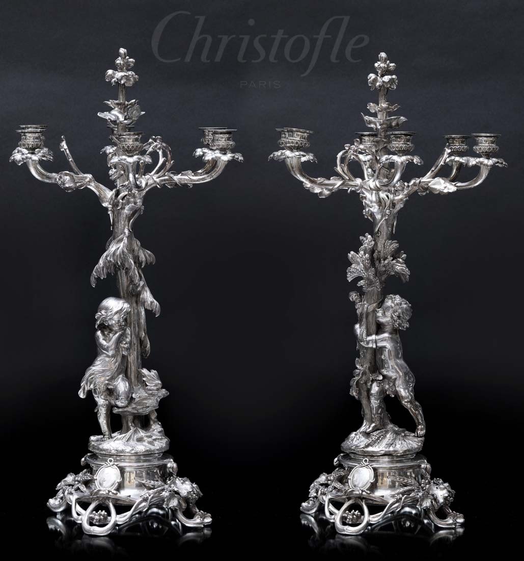 A Fine Pair Of 19th Century French Christofle Figural Silver-plated 6 Branches Candelabras: A Fine Pair Of 19th Century French Christofle Figural Silver-plated 6 Branches Candelabras. H 26.5" x D 14.5"