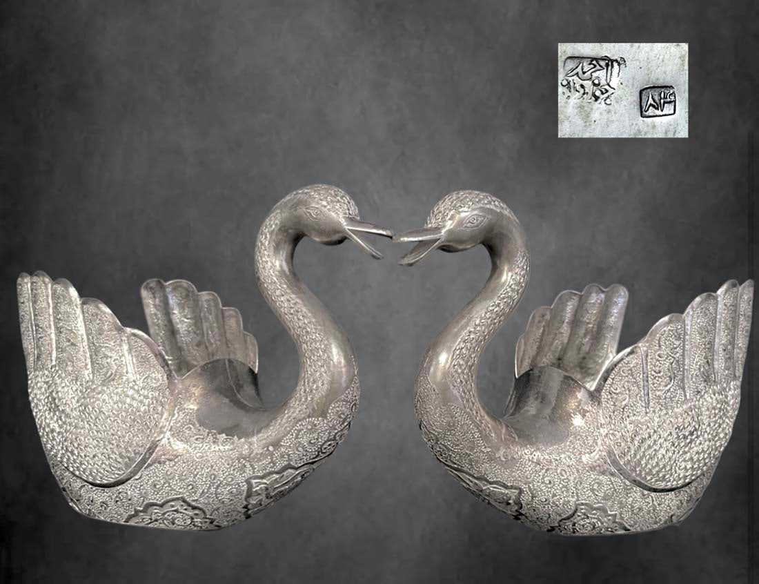 A Pair Of Persian Isfahan Silver 84 Swans, Signed By Ahmad Jozdan: A Pair Of Persian Isfahan Silver 84 Swan signed by famous Persian Silversmith Ahmad Jozdan. 2302 Grams, H 9" x L 11" x W 5"