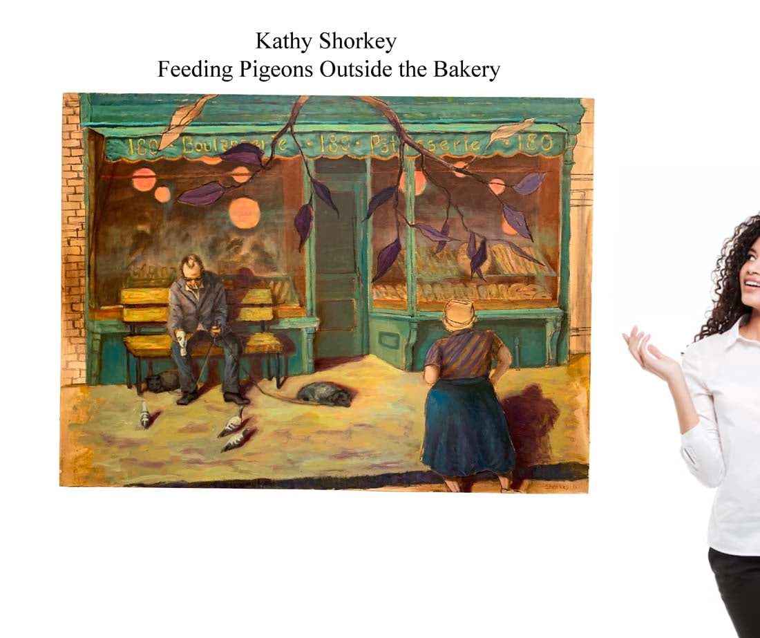 Birds Feeding , A Contemporary Kathy Shorkey Signed Oil on Canvas Painting: Outside the Bakery Birds Feeding, A Contemporary Kathy Shorkey Signed Oil on Canvas Painting. 30" x 40". About Artist: Kathy Shorkey is a contemporary painter and mixed-media artist based in Venice, C