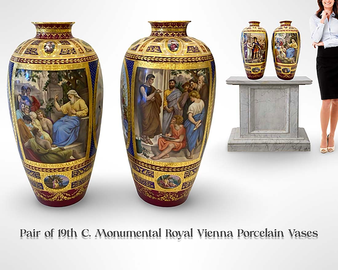 A Pair of Monumental 19th C. Royal Vienna Hand Painted Porcelain Vases, Hallmarked: A Pair of Monumental 19th C. Austrian Royal Vienna Hand Painted Porcelain Vases, Hallmarked. Note: The pedestal is NOT included. H 25.75" x D 13.5"