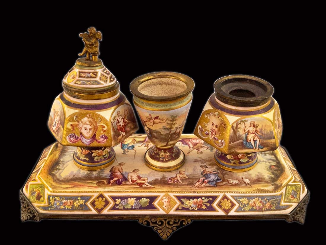 19th C. Austrian Viennese Hand Painted Enamel Bronze Inkwell: 19th C. Austrian Viennese Hand Painted Enamel Bronze Inkwell. 8" x 4"x 5" H