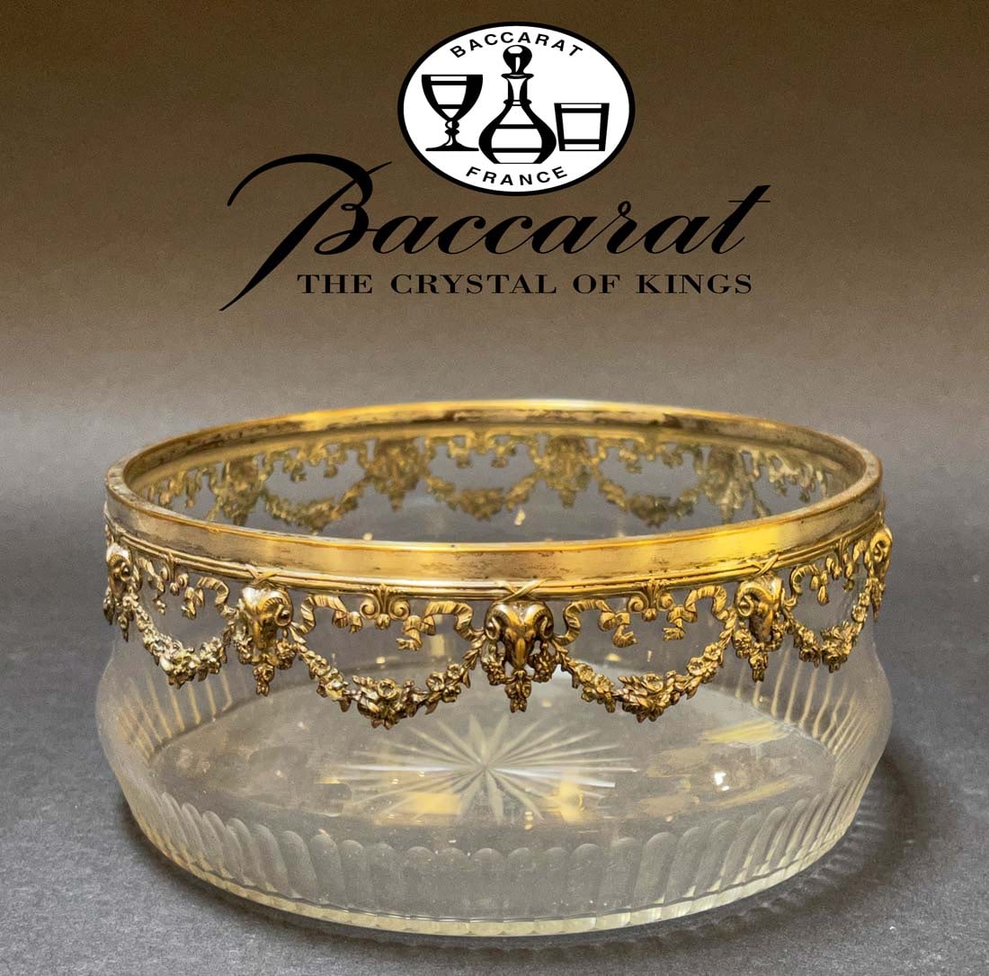 19th C. French Silver-Plated Bronze Baccarat Crystal Bowl / Centerpiece: 19th C. French Silver-Plated Bronze Baccarat Crystal Bowl / Centerpiece. 6.5" D x 3" H