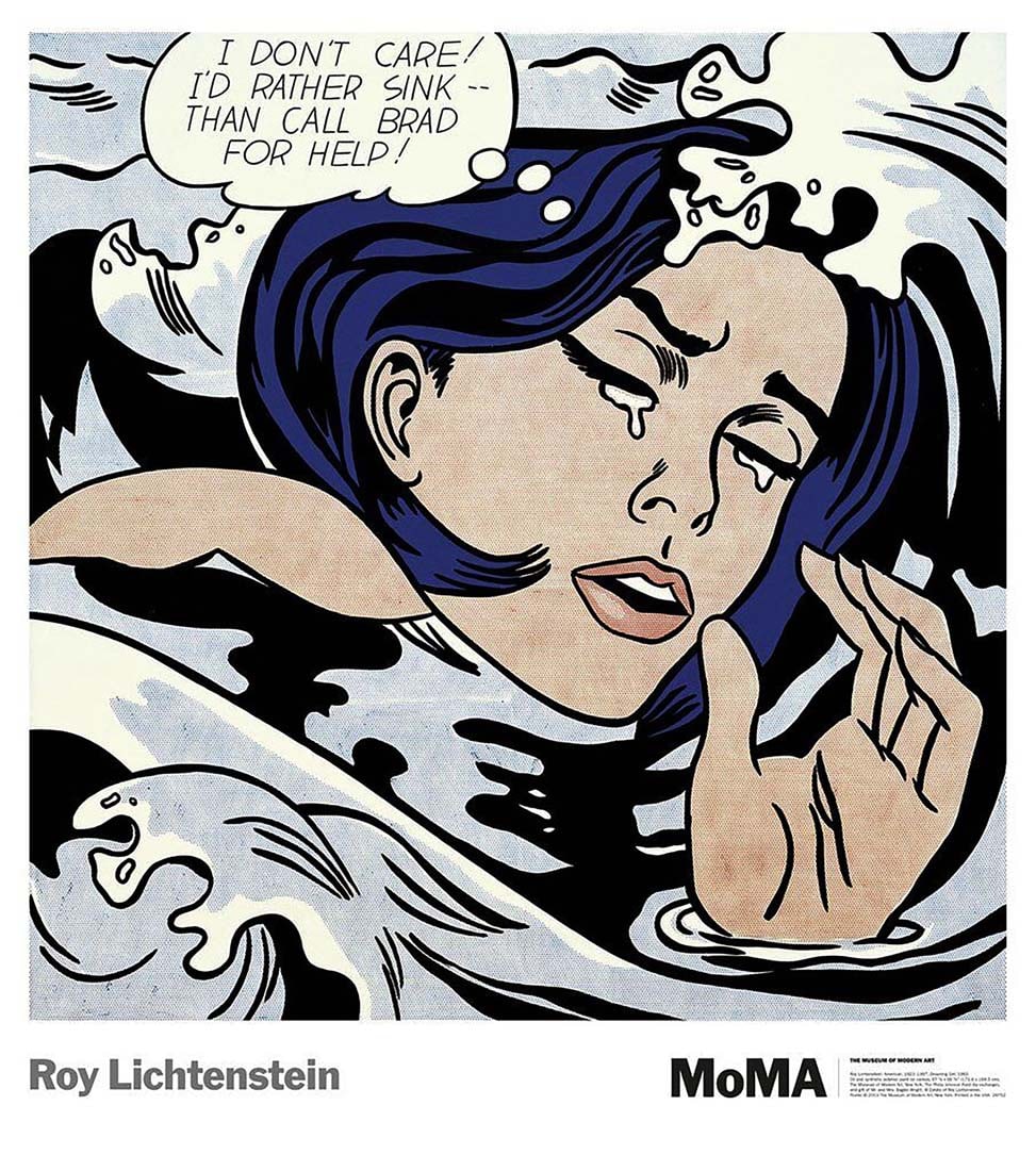 Drowning Girl, A Vintage Roy Lichtenstein Exibition Poster Print: Drowning Girl 1963, A Vintage Roy Lichtenstein exhibition poster print. This is an offset lithography from the painting As Drowning Girl (1963) Oil and magna on canvas in the Private collection of R. 