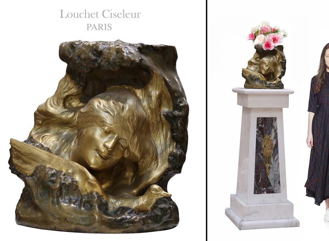 A Fine Art Nouveau French Louchet Ciseleur Gilt Bronze Figural Vase/Jardiniere: A gilt bronze vase from the Art Nouveau period stamped with the PARIS Louchet Ciseleur foundry mark. Made in France, Circa 1900. 14" x 11" x H 14". About: Paul Louchet and his brother established a fo