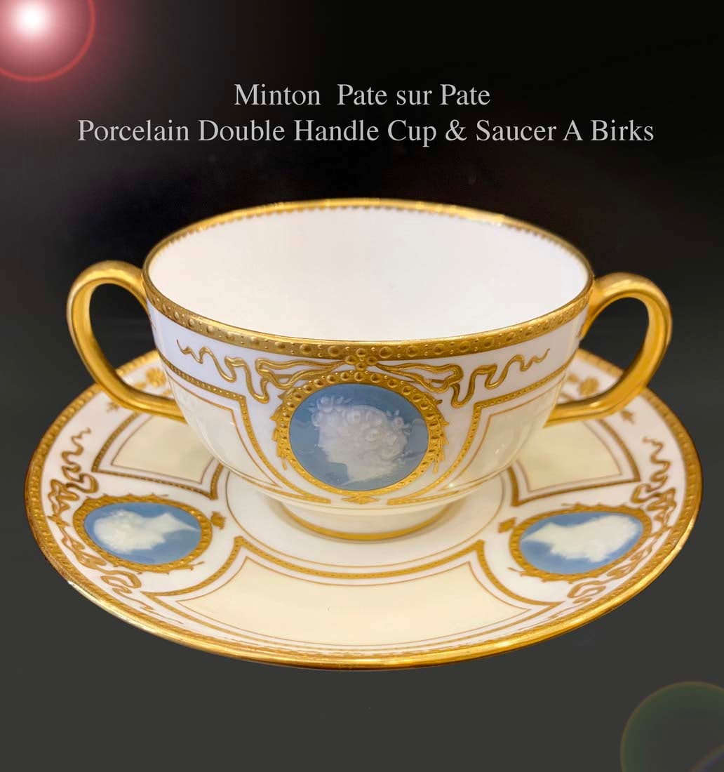 An English Minton Brik Pate-sur-Pate Double Handle Cup & Saucer, Hallmarked (1 of 2)