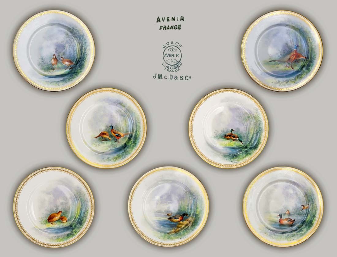 A Set Of Seven French Limoges Avenir Hand Painted Porcelain Plates, Hallmarked (1 of 8)