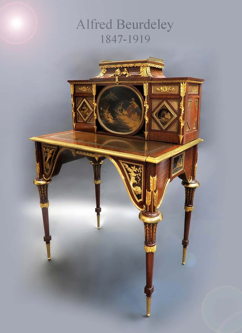 19th C. Bonheur du Jour Bronze & Japanese Lacquer-Mounted Mahogany Cabinet Desk By Alfred Beurdeley: 19th C. French Ormolu and Japanese Lacquer-Mounted Mahogany by Emmanuel Alfred Beurdeley (1847-1919), Paris Circa 1880. The upper cabinet fitted with three doors, over a retractable writing slide and 