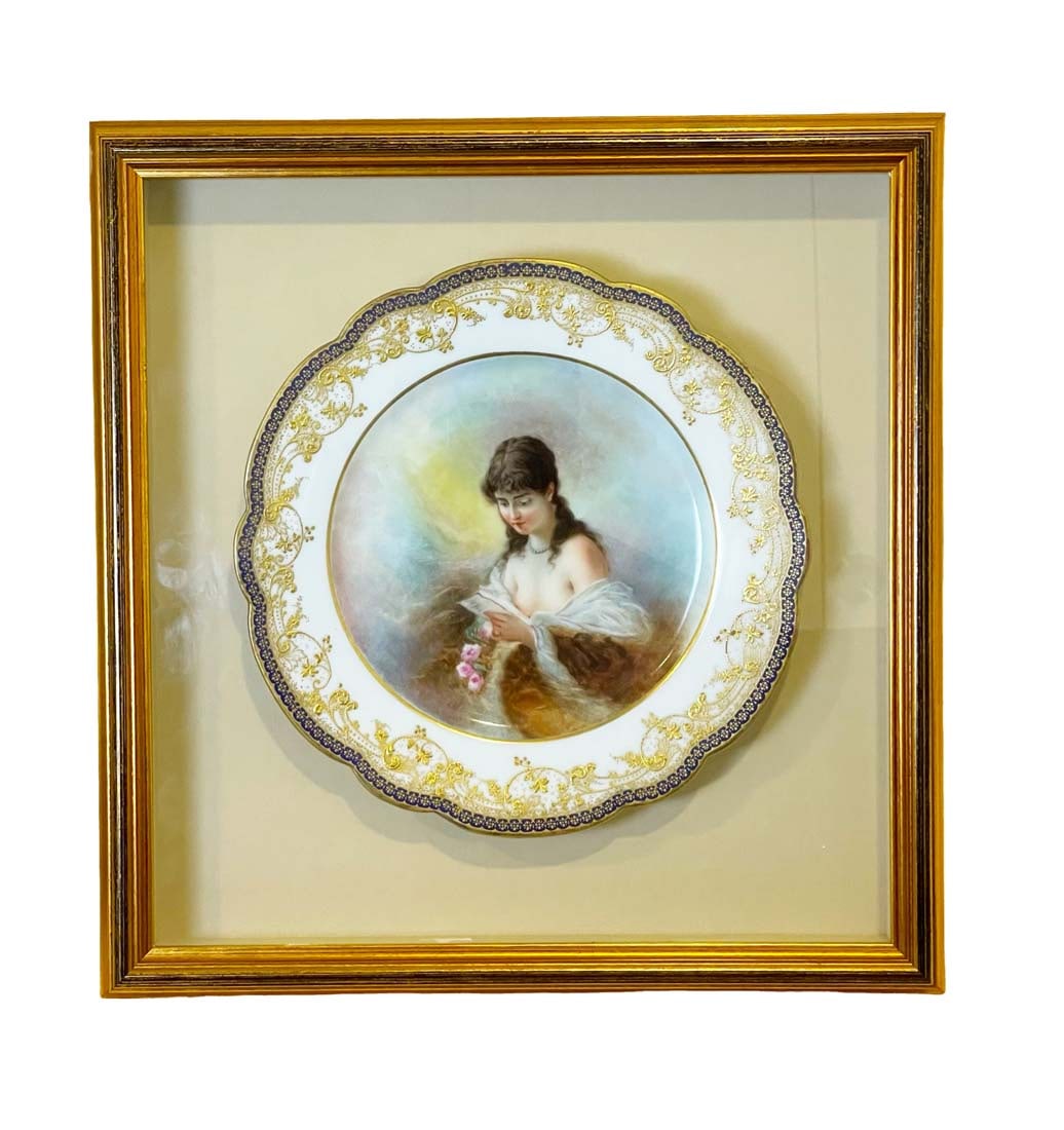 19th C. Hand Painted Porcelain Framed Decorative Wall Plate: 19th Century Hand Painted Porcelain Framed Decorative Wall Plate. Frame: 15" x 14.5"