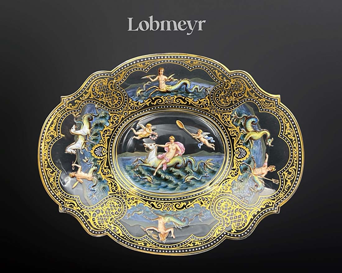 19th C. Lobmeyr Enameled Hand Painted Miniature Crystal Glass Tray: 19th Century Lobmeyr Enameled Hand Painted Miniature Crystal Glass Tray. H 1.1" x L 8.5" x W 6.5"