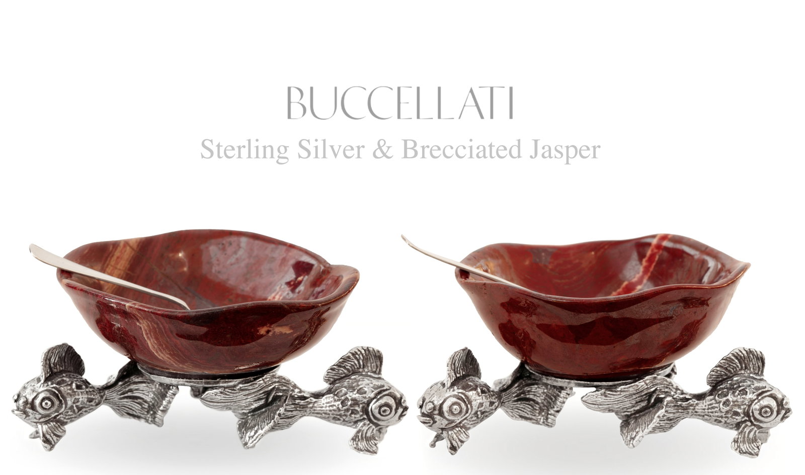 A Pair of Buccellati Sterling Silver & Brecciated Jasper Salt/Pepper Shakers: A Pair of Italian Buccellati Sterling Silver & Brecciated Jasper Salt/Pepper Shakers, Hallmarked. W 3.5" x H 2"
