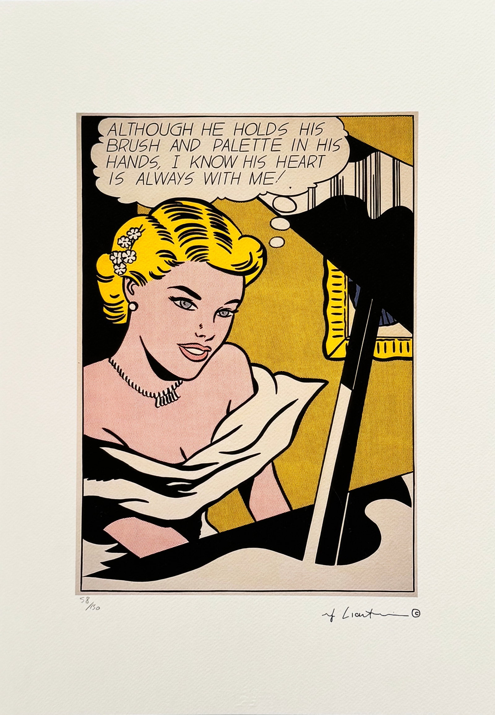 ROY LICHTENSTEIN's Girl At The 19, A Limited Edition Lithography Print: Girl At The 19, A Roy Lichtenstein Signed Limited Edition Original Lithograph print. Signed in print plate. Hand numbered #58/150. Dry Stamp of the Publisher STYRIA STUDIO, Stamp Castelli Graphics New