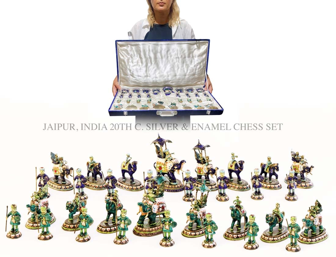 A Fine 20th C. India Jaipur Enamel Silver Chess Set (1 of 7)