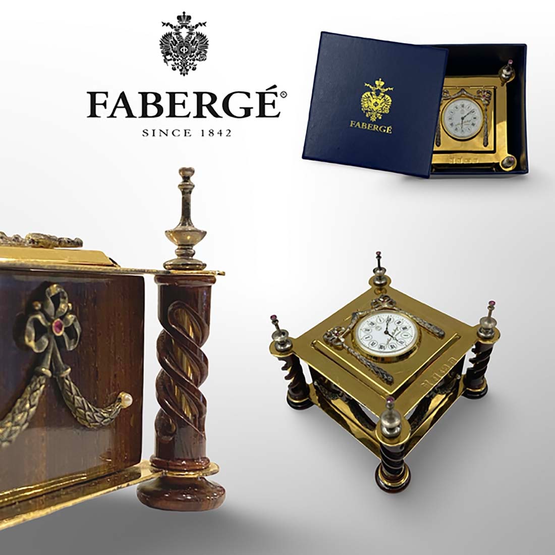 A Theo Faberge Signed Imperial Sterling Silver Desk Clock, Hallmarked: A Theo Faberge Signed Imperial Sterling Silver Desk Clock, Hallmarked, Boxed, Circa 1989. A timepiece befitting a noble desk. Decorated with a design of vermeil swags and bows, set with faceted rubies