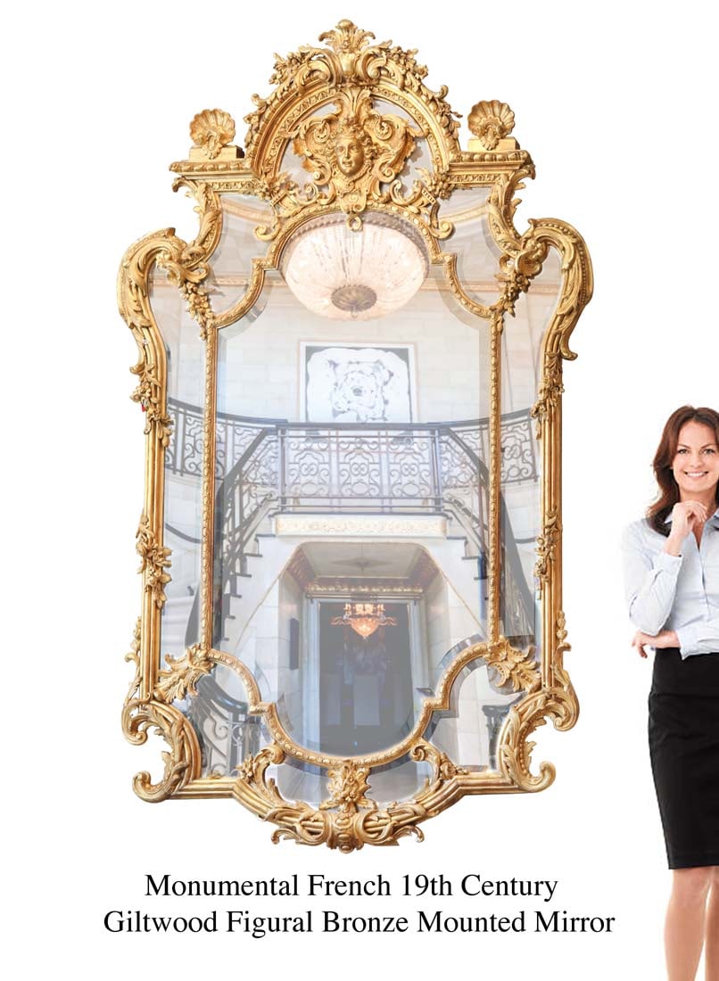 A Monumental 19th C. French Figural Bronze Mounted Giltwood Mirror: A Monumental 19th C. French Figural Bronze Mounted Giltwood Mirror. H 90" X L 49"