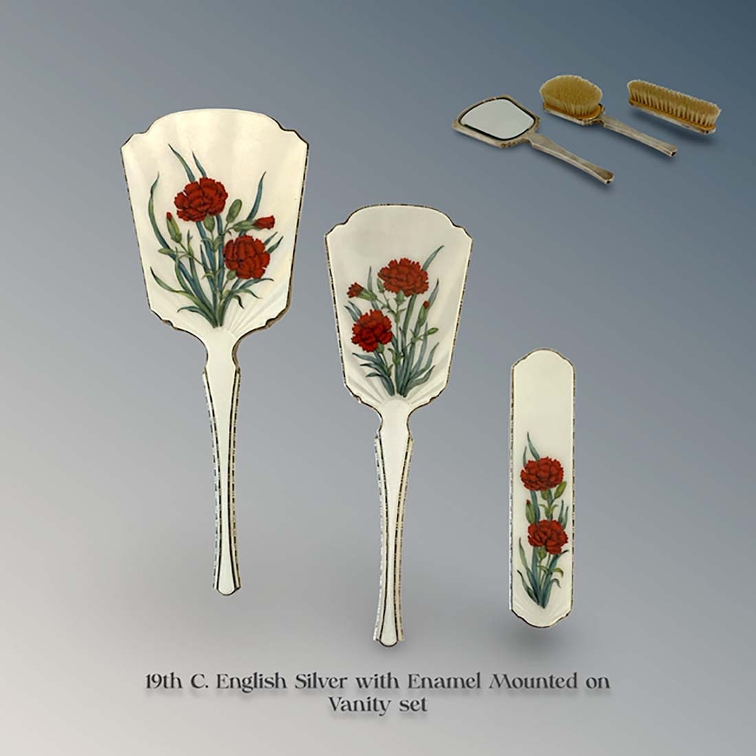 19th C. English Silver Enamel Vanity Set (3 Pieces): 19th C. English Silver Enamel Mounted on Vanity Set (3 Pieces). Sizes: L 10.75" x W 4.1"; L 9.5" x W 3.1"; L 5.75" x W 1.3"