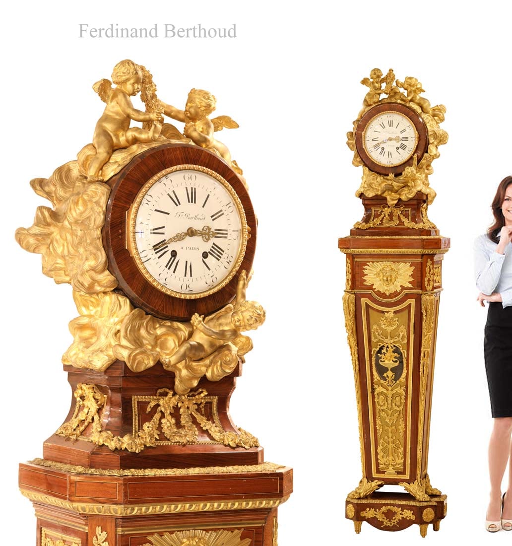19th C. French FERDINAND BERTHOUD Bronze Bois Satine Sycamore Parquetry Pedestal Clock: A 19th Century French Ormolu Mounted Tulipwood, Amaranth, Bois Satine, Kingwood, Sycamore and Parquetry Pedestal Clock Signed by FERDINAND BERTHOUD. H 87" x 20" x 12"