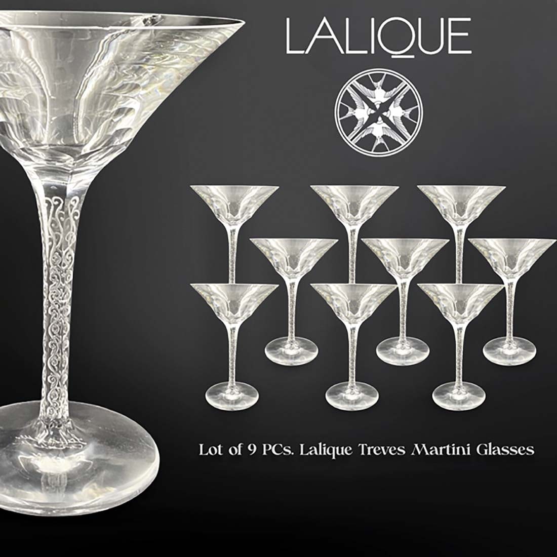 A Set of Nine Lalique Treves Martini Glasses, Signed (1 of 4)