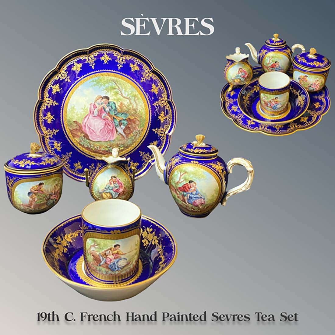 19th C. French Sevres Hand Painted Porcelain Tea Set, Hallmarked (1 of 13)