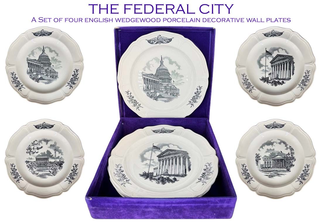 THE FEDERAL CITY, A Set of Four English Wedgewood Plates, Signed In Original Box: THE FEDERAL CITY, A Set of four Vintage English Wedgewood Porcelain Decorative Wall Plates, Signed & Hallmarked in the original box. plates size: D 10"