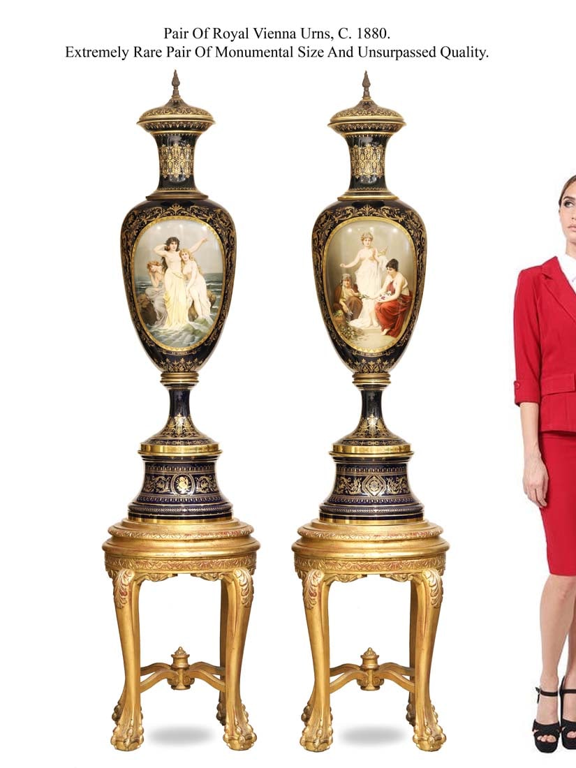 Extremely Rare A Pair Of Monumental 19th C. Royal Vienna Lidded Urns/Vases: Extremely Rare Pair Of Monumental Unsurpassed Quality 19th C. Austrian Royal Vienna Hand Painted Porcelain Lidded Urns/Vases, Circa 1880. Note: The pair of pedestals are NOT included! H 41"