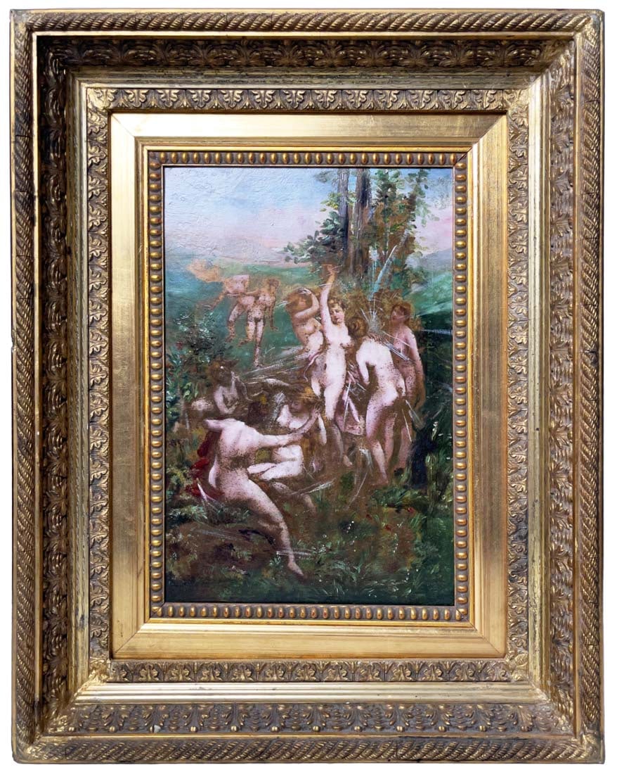 19th C. Oil On Canvas William-Adolphe Bouguereau Style Framed Painting: 19th C. Oil On Canvas William-Adolphe Bouguereau Style Framed Painting. Frame: 19" x 15" x 3.5" H, Canvas: 12" x 8.5"