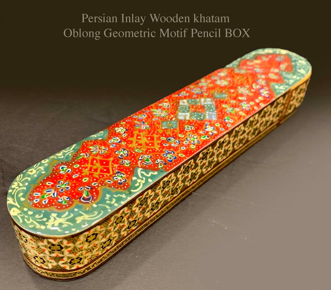 A Persian Khatam Inlay Wooden Oblong Geometric Motif Calligraphy Pencil Box: A Persian Khatam Inlay Wooden Oblong Geometric Motif Calligraphy Pencil Box. 8" x 1.3"