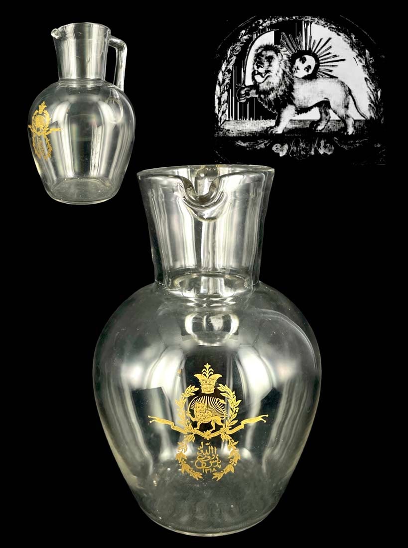 An Iran Persian Qajar Lion & Sun Signed Glass Pitcher, Circa 1900: An Iran Persian Qajar Lion & Sun (Persian Coat of Arm) Signed Glass Pitcher Ordered By Princess Forough al- Douleh, the daughter of Naser al- Din Shah Qajar, Circa: 1318 AH [1900].