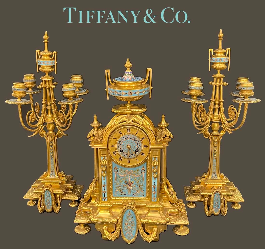 19th C. Tiffany & Co. Bronze Champleve Clock Set: 19th C. French Tiffany & Co. Bronze Champleve Clock Set. Clock: H 17" x 12" x 7", Candelabras: H 19" x 9.5" x 9.5"