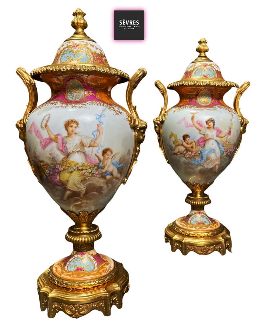 A Pair Of 19th C. Sevres Hand Painted Porcelain Bronze Vases, Signed (1 of 7)