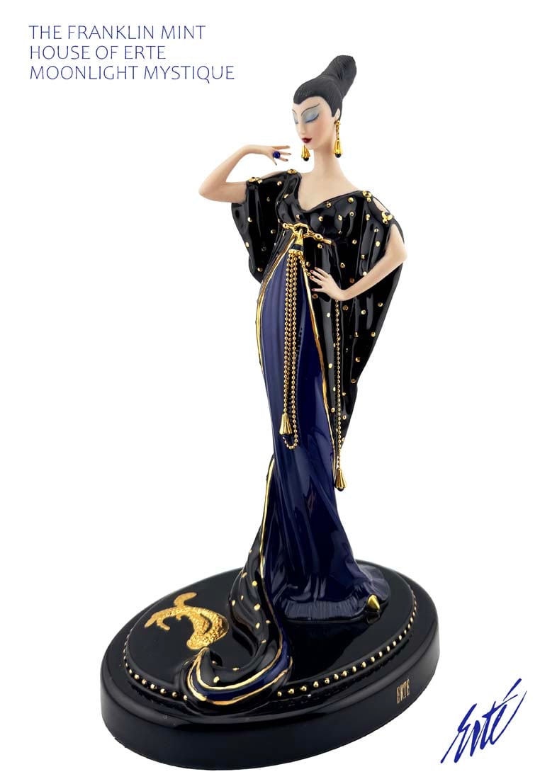 A House of ERTE Moonlight Mystique Art Deco Limited Edition Figurine, Hallmarked: Moonlight Mystique, A Vintage The Franklin Mint House of ERTE (Master of Art Deco) Hand Painted Fine Porcelain Statue, Limited Edition, No. A2288, Signed & Hallmarked. In original retail box, No paper