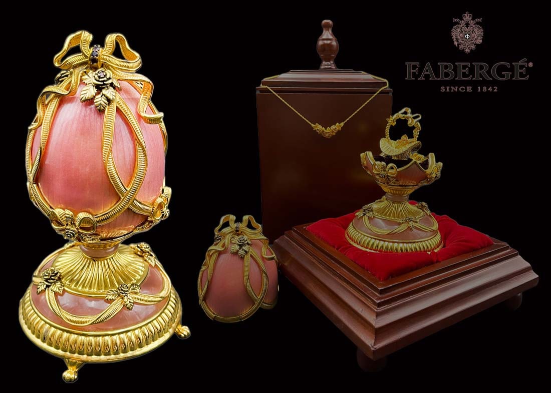 The Rose Bouquet, A House Of Faberge Gold-Plated Solid Sterling Silver 925 Necklace & Egg: The Rose Bouquet, A House Of Faberge Gold-Plated Solid Sterling Silver 925 Necklace & Egg. Egg: 6" H x 4" D, Necklace: 1.5" W x 8" L, Box: 13" H x 7" x 7"