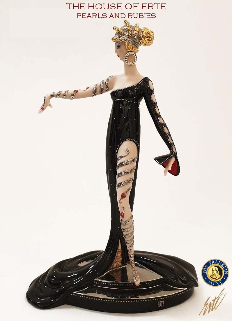 Pearls & Rubies, The Franklin Mint House of ERTE Figurine, Ltd Edition, Signed: Pearls & Rubies, A Vintage The Franklin Mint House of ERTE (Master of Art Deco) Hand Painted Fine Porcelain Statue, Limited Edition, No. M8643, Signed & Hallmarked. H 10" x 6.75" x 3.5".