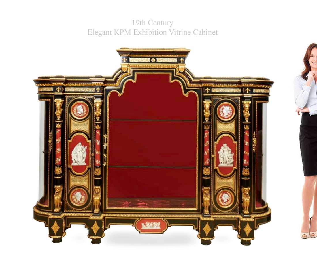 Elegant 19th C. KPM Plaques & Bronze Exhibition Vitrine Cabinet: A highly important English ormolu-mounted KPM Porcelain cabinet, attributed to Gillows of Lancaster and London, also known as Gillows & Co. Late 19th century. Brass inlaid, superb quality ormolu bronz