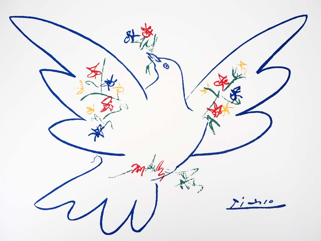 COLOMBE DU FESTIVAL DE LA JEUNESSE, A PABLO PICASSO LITHOGRAPH, COA: PABLO PICASSO (1881-1973) COLOMBE DU FESTIVAL DE LA JEUNESSE ORIGINAL FRENCH LITHOGRAPH ON ORIGINAL HANDMADE PAPER ARCHES FRANCE SIGNED IN THE PLATE. CERTIFICATE OF AUTHENTICITY. Succession Picasso, P